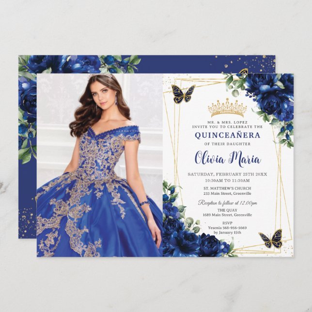 Invitación Floral azul real Quinceañera Butterflies Foto (Anverso / Reverso)