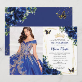 Invitación Floral azul real Quinceañera Butterflies Foto