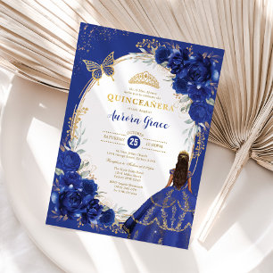 Invitación Floral azul real Quinceañera Mariposa Mis Quince