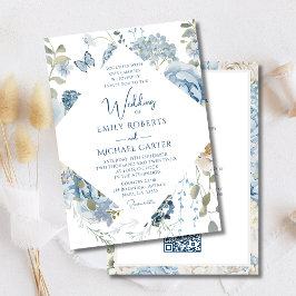 Invitación Floral Azul Romántico Todo En Un Boda De Código QR