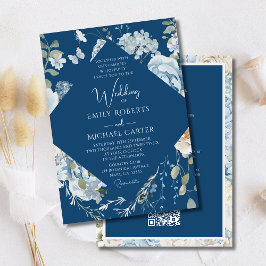 Invitación Floral Azul Romántico Todo En Un Boda De Código QR