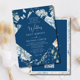 Invitación Floral Azul Romántico Todo En Un Boda De Código QR