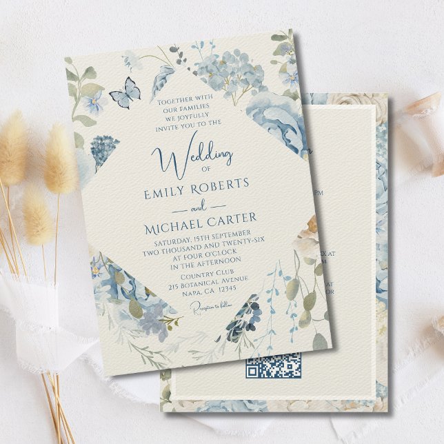 Invitación Floral Azul Romántico Todo En Un Boda De Código QR (Subido por el creador)