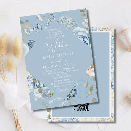 Invitación Floral Azul Romántico Todo En Un Boda De Código QR