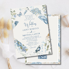 Invitación Floral Azul Romántico Todo En Un Boda De Código QR