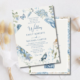 Invitación Floral Azul Romántico Todo En Un Boda De Código QR