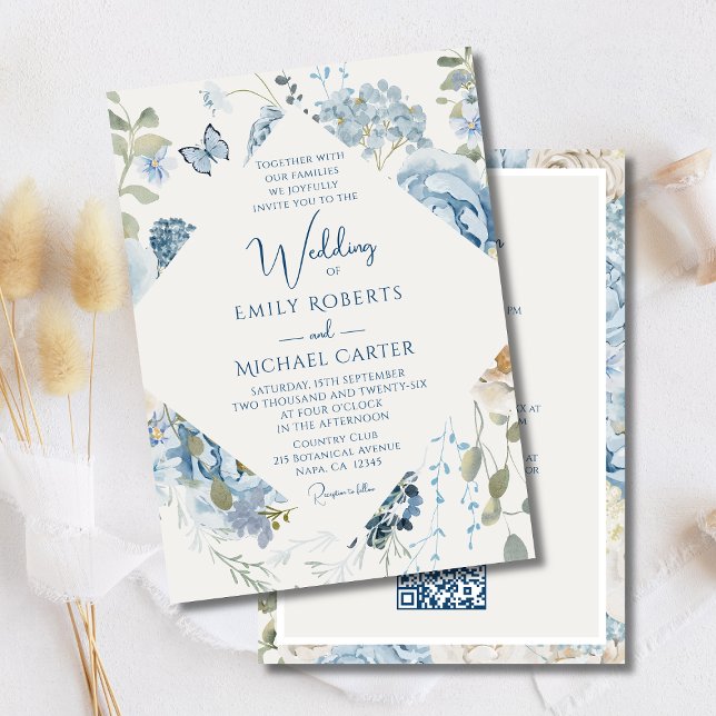Invitación Floral Azul Romántico Todo En Un Boda De Código QR (Subido por el creador)
