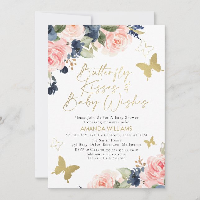 Invitación Floral azul rosa azul mariposa besa Baby Shower  (Anverso)