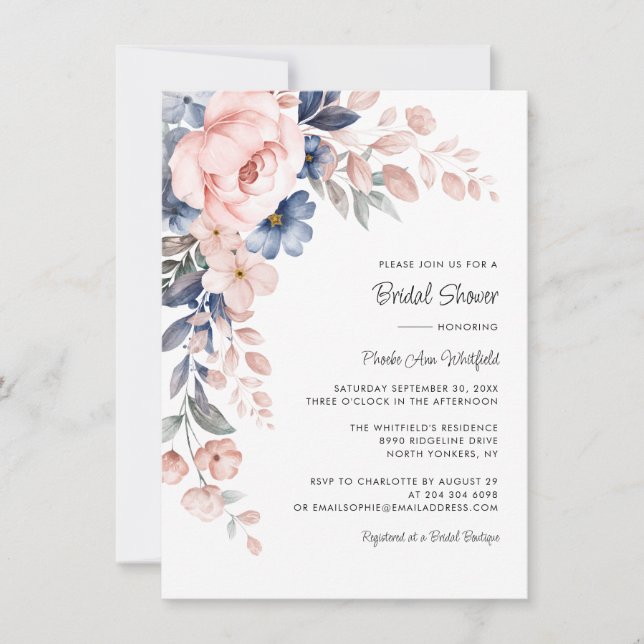 Invitación Floral azul rosa con ducha de novia (Anverso)