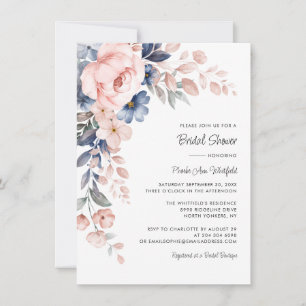 Invitación Floral azul rosa con ducha de novia