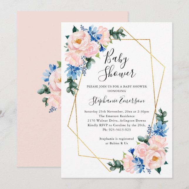 Invitación Floral azul rosa de Baby Shower (Anverso / Reverso)
