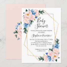 Invitación Floral azul rosa de Baby Shower