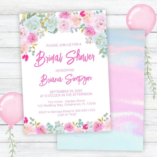 Invitación Floral azul rosa ducha de novia (Subido por el creador)