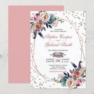 Invitación Floral azul rosa elegante Boda de marco dorado