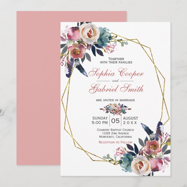Invitación Floral azul rosa elegante | Boda de marco dorado (Anverso / Reverso)