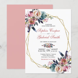 Invitación Floral azul rosa elegante | Boda de marco dorado