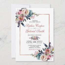 Invitación Floral azul rosa elegante | Rosa Boda de marcos do
