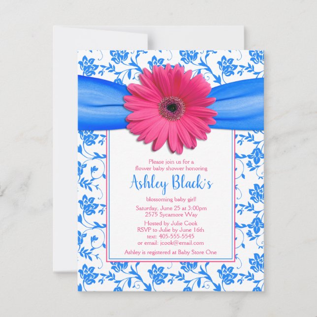 Invitación Floral azul rosa Gerbera Daisy Baby Shower (Anverso)