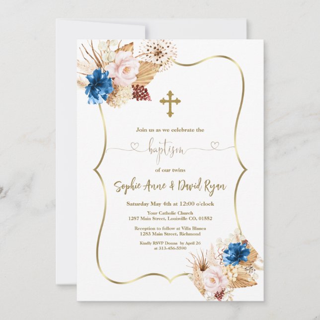 Invitación Floral azul rosa Pampas Caligrafía de Grado Bautis (Anverso)