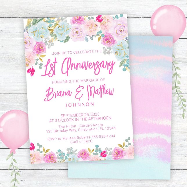 Invitación Floral azul rosa primer aniversario Boda (Subido por el creador)