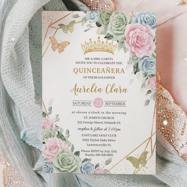 Invitación Floral azul rosa verde sabio Quinceañera dulce 16 (Subido por el creador)