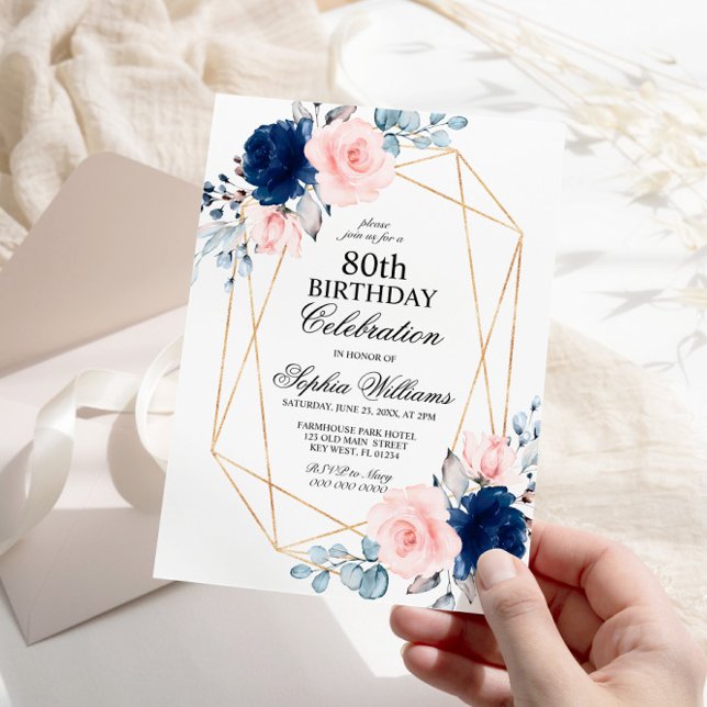 Invitación Floral azul rosa y marina Rubor 80 cumpleaños (Subido por el creador)