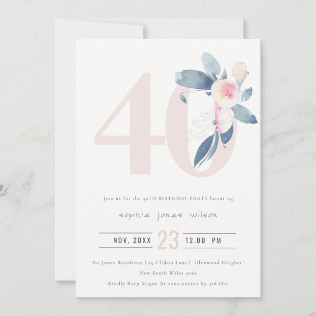 INVITACIÓN FLORAL AZUL RUBOR DE AQUÍ BLANDO 40 CUALQUIER CUMP (Anverso)
