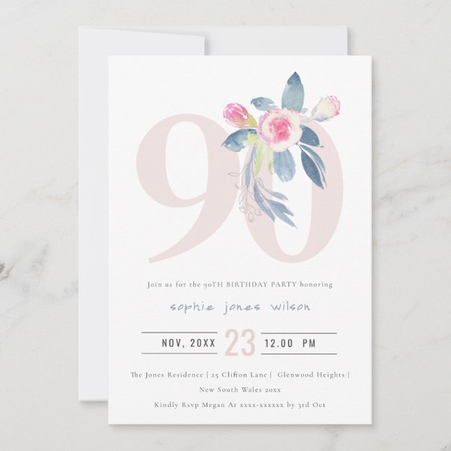 INVITACIÓN FLORAL AZUL RUBOR DE AQUÍ BLANDO 90 CUALQUIER CUMP (Anverso)