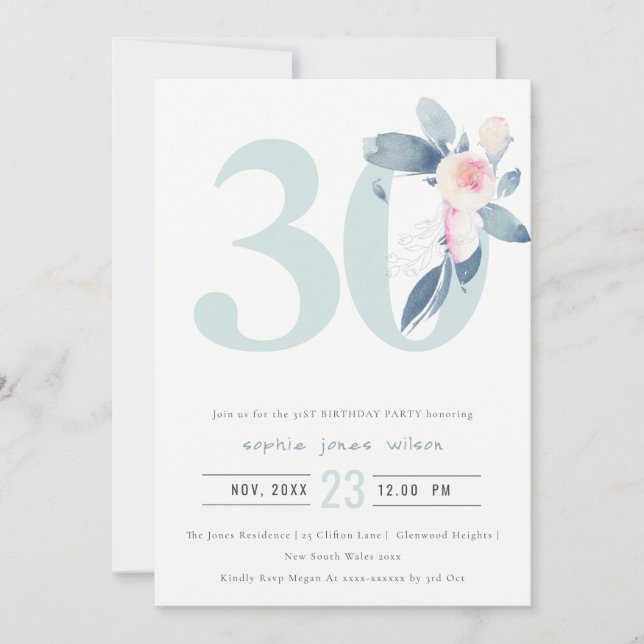 INVITACIÓN FLORAL AZUL RUBOR DE AQUÍ SUAVE 30 AÑOS CUALQUIER  (Anverso)