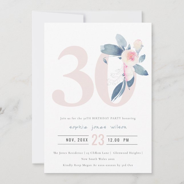 INVITACIÓN FLORAL AZUL RUBOR DE AQUÍ SUAVE 30 AÑOS CUALQUIER  (Anverso)