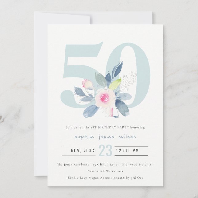 INVITACIÓN FLORAL AZUL RUBOR DE AQUÍ SUAVE 50 AÑOS CUALQUIER  (Anverso)