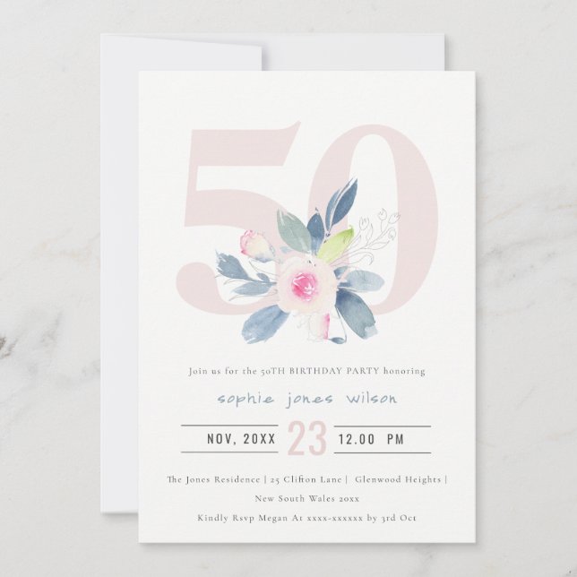 INVITACIÓN FLORAL AZUL RUBOR DE AQUÍ SUAVE 50 AÑOS CUALQUIER  (Anverso)