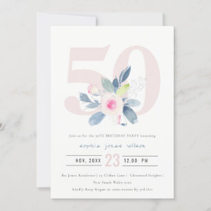 INVITACIÓN FLORAL AZUL RUBOR DE AQUÍ SUAVE 50 AÑOS CUALQUIER 