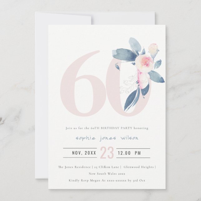 INVITACIÓN FLORAL AZUL RUBOR DE AQUÍ SUAVE 60 AÑOS CUALQUIER  (Anverso)