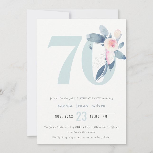 INVITACIÓN FLORAL AZUL RUBOR DE AQUÍ SUAVE 70 AÑOS CUALQUIER  (Anverso)