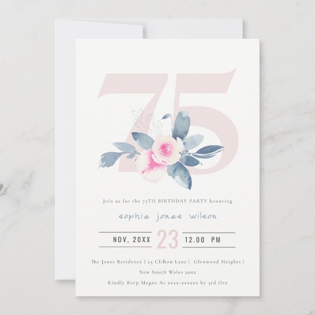 INVITACIÓN FLORAL AZUL RUBOR DE AQUÍ SUAVE 75 CUALQUIER CUMPL (Anverso)