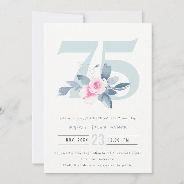 INVITACIÓN FLORAL AZUL RUBOR DE AQUÍ SUAVE 75 CUALQUIER CUMPL (Anverso)