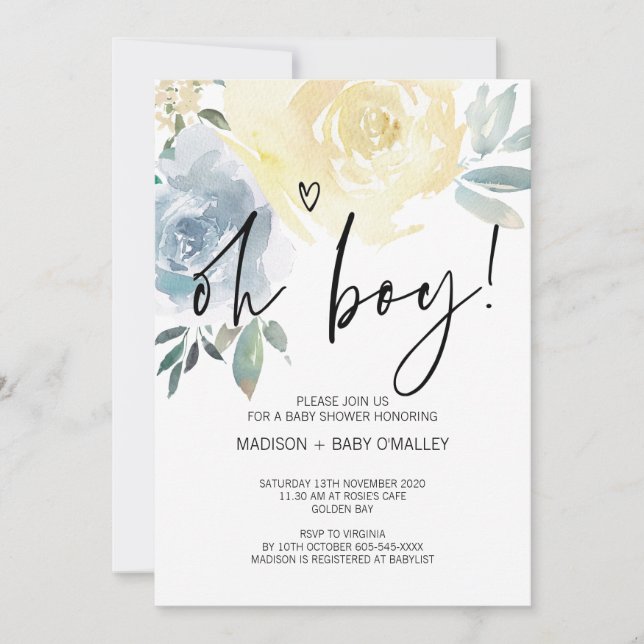 Invitación Floral azul Rubor Oh Boy Baby Shower Fiesta (Anverso)