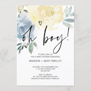 Invitación Floral azul Rubor Oh Boy Baby Shower Fiesta
