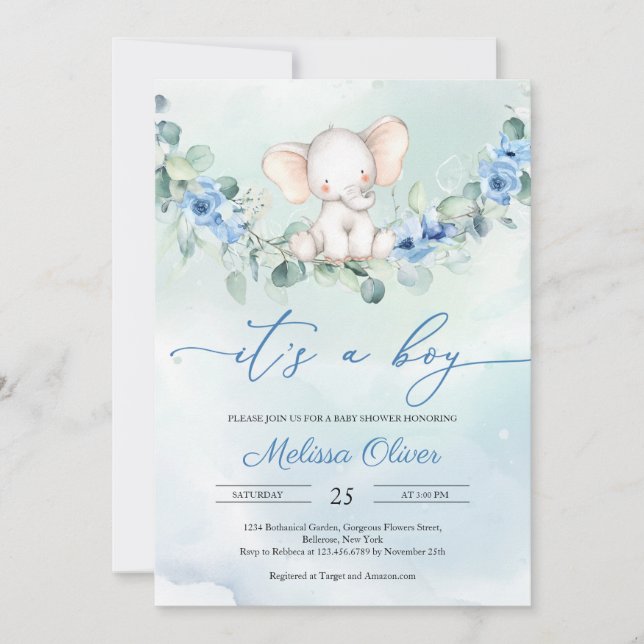 Invitación Floral azul ruidosa es un niño Baby Shower (Anverso)