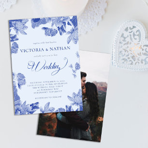 Invitación Floral azul rustica romántica con Boda fotográfico