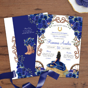 Invitación Floral Azul Rustico Charro Occidental Quinceañera