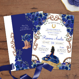 Invitación Floral Azul Rustico Charro Occidental Quinceañera