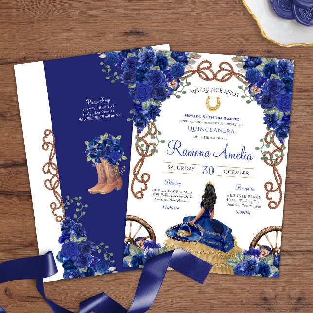 Invitación Floral Azul Rustico Charro Occidental Quinceañera (Subido por el creador)