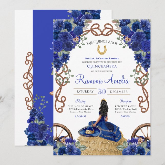 Invitación Floral Azul Rustico Charro Occidental Quinceañera (Anverso / Reverso)