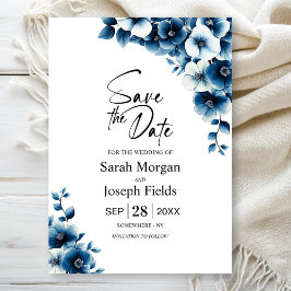 Invitación Floral azul salva la fecha