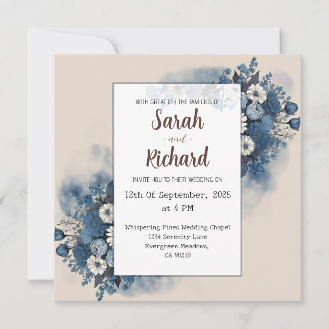 Invitación Floral azul sereno con fondo beige elegante (Anverso)