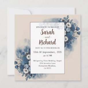 Invitación Floral azul sereno con fondo beige elegante