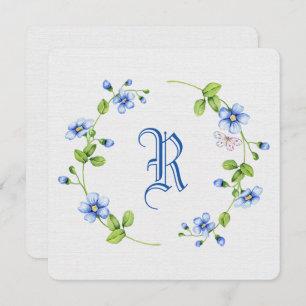 Invitación floral azul simple con monograma