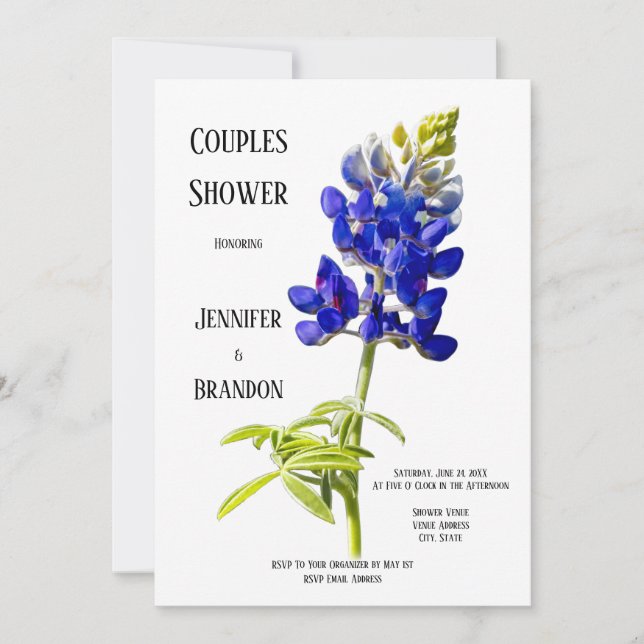 Invitación Floral azul sobre blanco, ducha de Boda en pareja (Anverso)